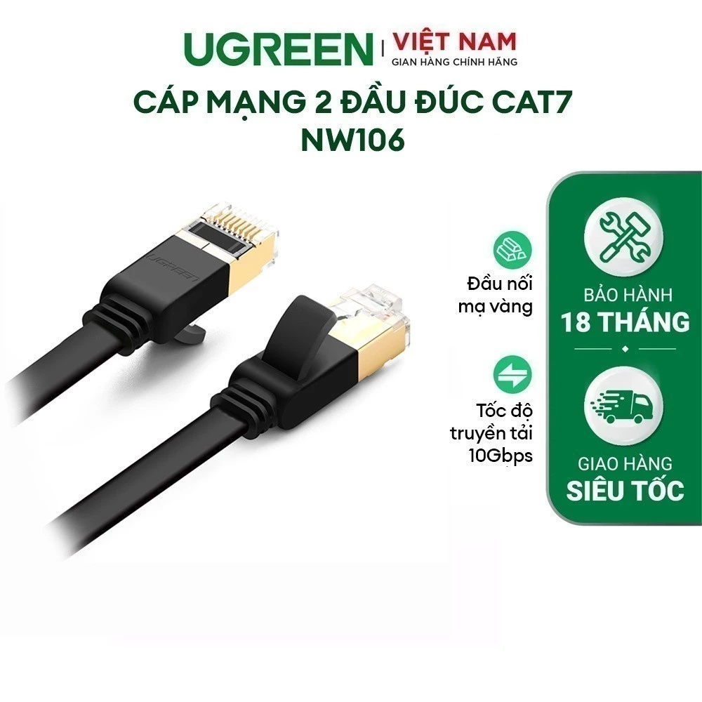 Cáp mạng 2 đầu đúc Cat7 UTP Patch Cords dạng dẹt UGREEN NW106 | Đầu nối mạ vàng | Tốc độ truyền tải 10Gbps | BH 18 Tháng