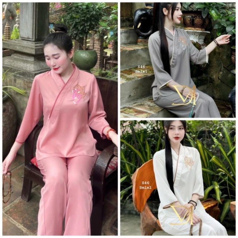 Đồ Lam Đi Chùa Nữ, Sét Pháp Phục Thêu Lá Bồ Đề Và Chữ Tâm, Chất Liệu Thoải Mái