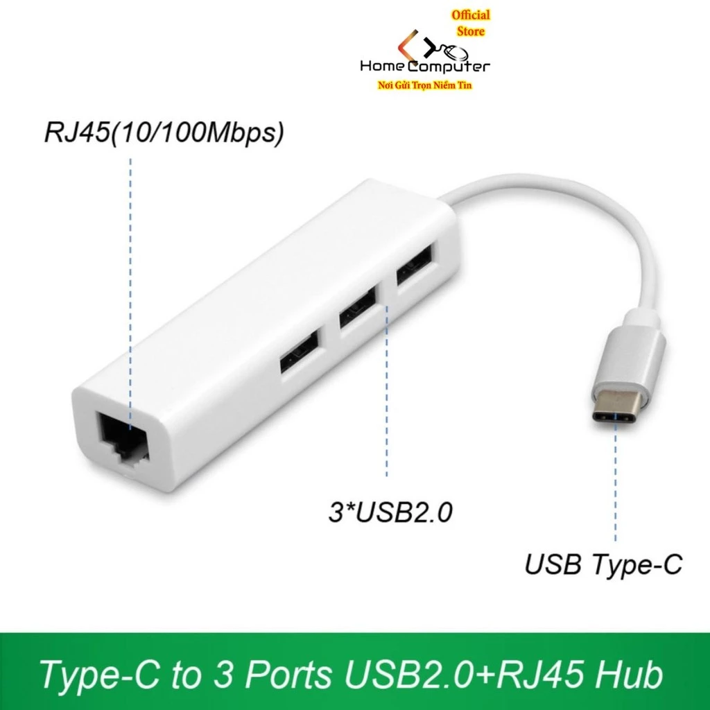 Cáp chuyển USB Type-C ra LAN RJ45 và 3 cổng USB 2.0, truyền tín hiệu tốc độ cao, sắc nét