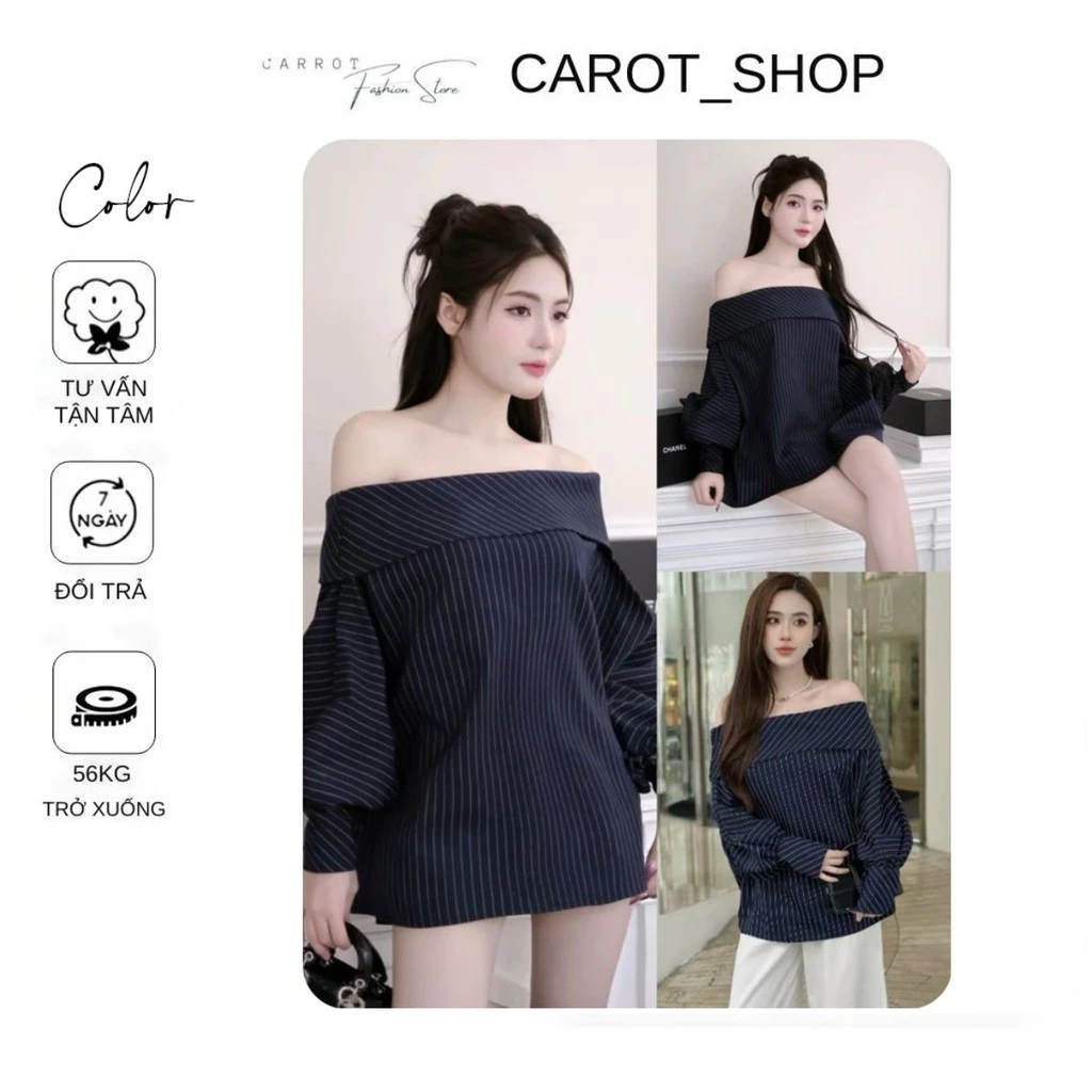 VN21( 𝐁𝐈𝐆𝐒𝐈𝐙𝐄 𝐒 => 𝟒𝐗𝐋 ) Áo kẻ sọc xanh than trễ vai tay bồng by CarrotShop ( BẦU CÓ THỂ MANG ĐƯỢC )