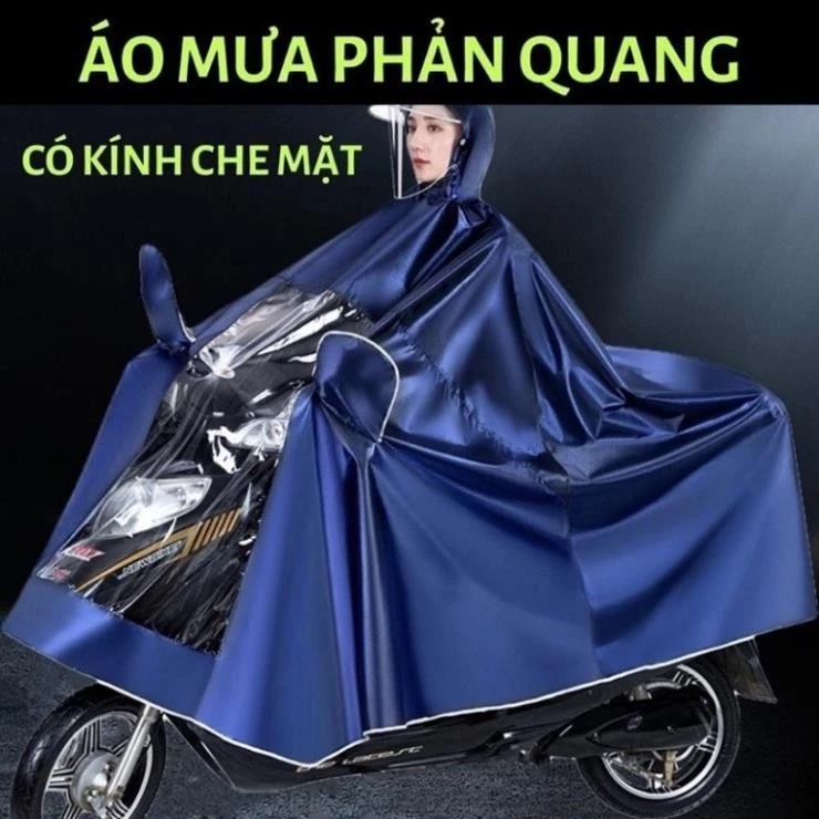 Áo Mưa Phản Quang Đi Xe Máy 1 Người Và 2 Người Che Phủ Toàn Thân, Kèm Kính Chắn Mưa Tiện Lợi