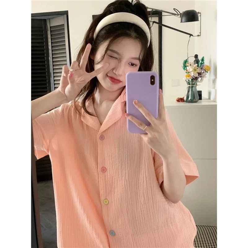 [Sẵn] 51_Bộ ngủ nữ, pijama ngắn tay chất muslin màu hồng đen basic | Hàng QCCC | 9scat