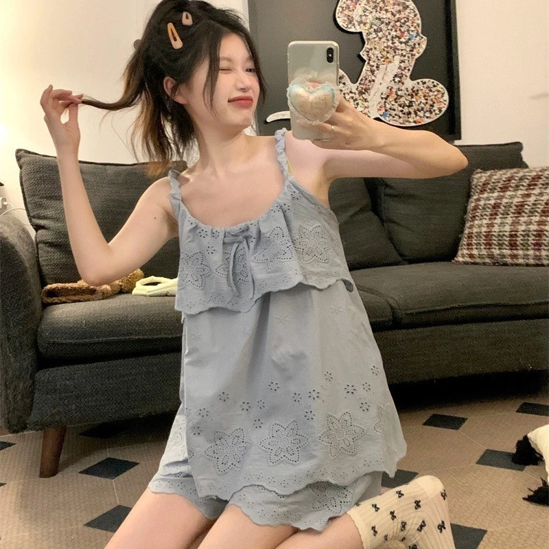 728_Bộ ngủ nữ, pijama hai dây quần ngắn chất cotton dập nổi màu xanh | Hàng QCCC | 9scat