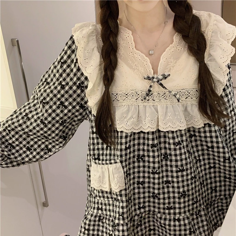 [SẴN] 468_ Bộ ngủ dáng babydool, pijama nữ dài tay hoạ tiết kẻ caro phối bèo chất cotton  cao cấp | Hàng QCCC | 9scat