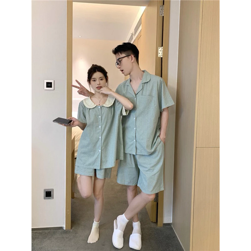 [SẴN] 418_ Bộ ngủ nam nữ, pijama cặp đôi ngắn tay màu xanh ngọc hoạ tiết kẻ caro  Hàn Quốc | Hàng QCCC | 9scat