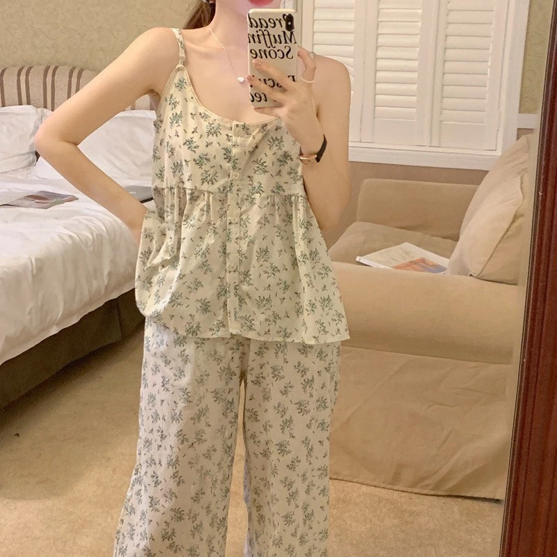 576_ Bộ ngủ nữ, pijama 2 dây quần dài dáng babydoll hoạ tiết hoa nhí xanh   | 9scat | Hàng QCCC
