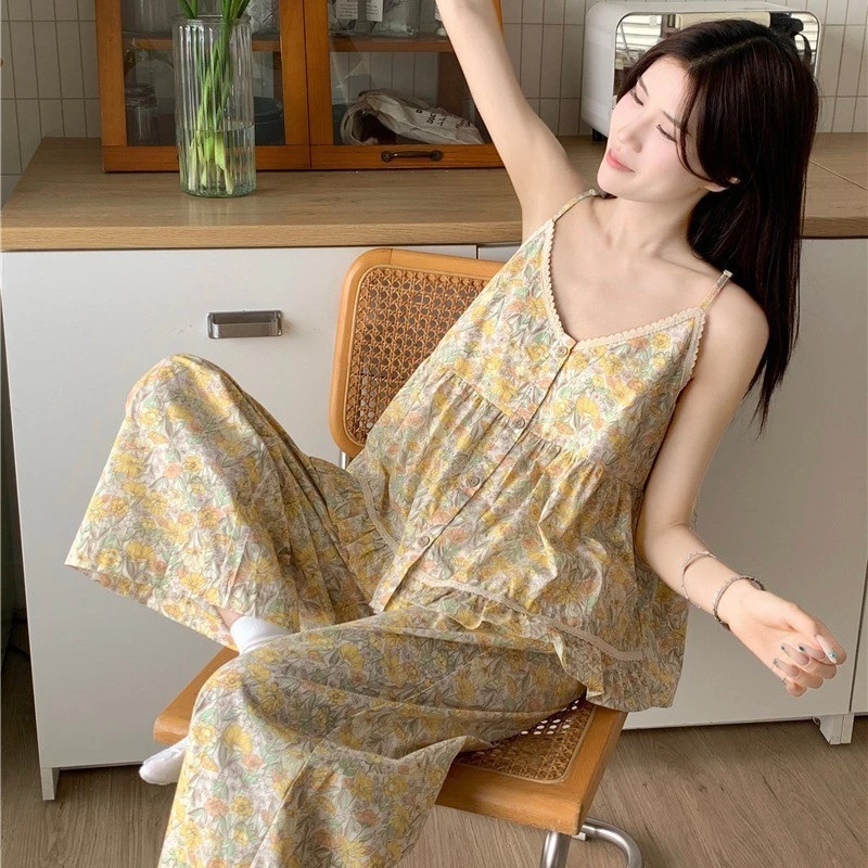 420_ Bộ ngủ nữ, pijama 2 dây quần dài dáng babydoll hoạ tiết hoa nhí vàng xanh | Hàng QCCC | 9scat