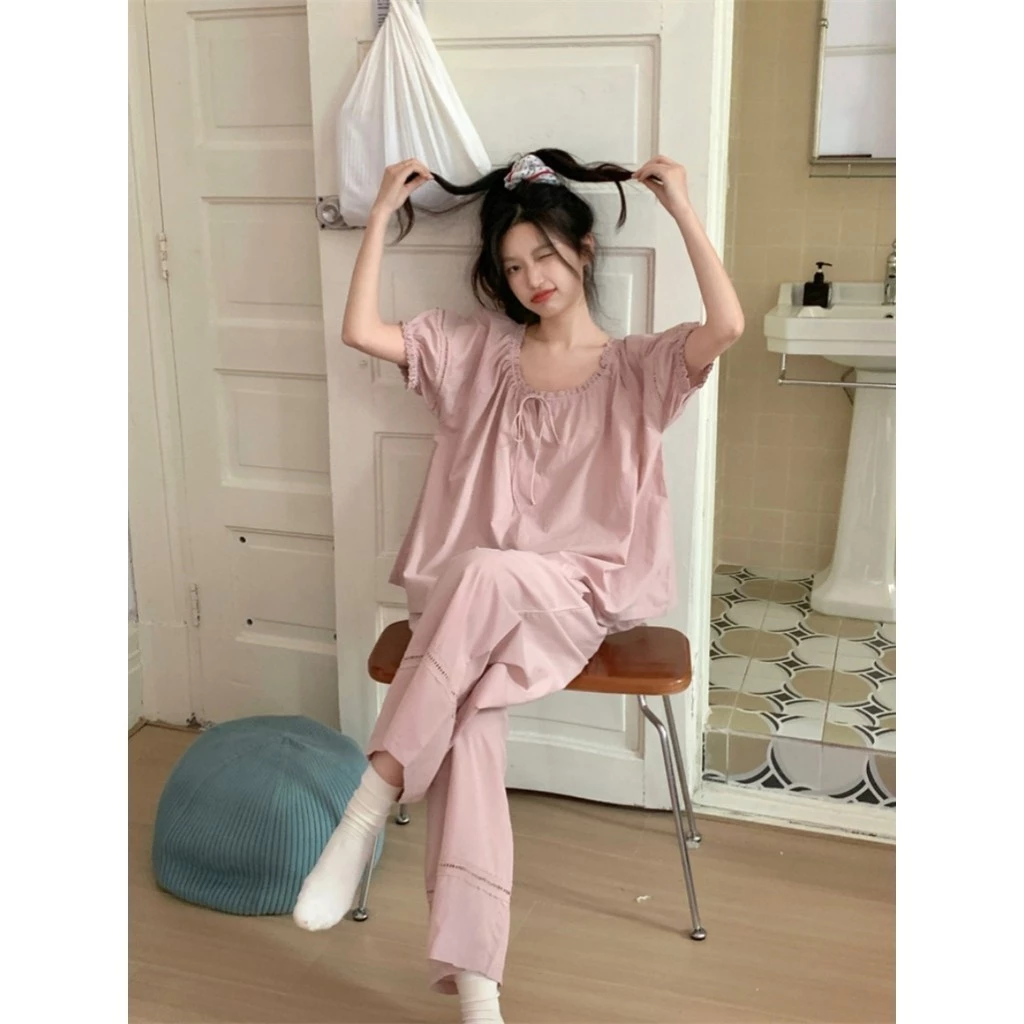 321_ Váy ngủ, bộ pijama nữ  ngắn tay quần dài màu hồng nhạt chất cotton Hàn quốc   | Hàng QCCC | 9scat