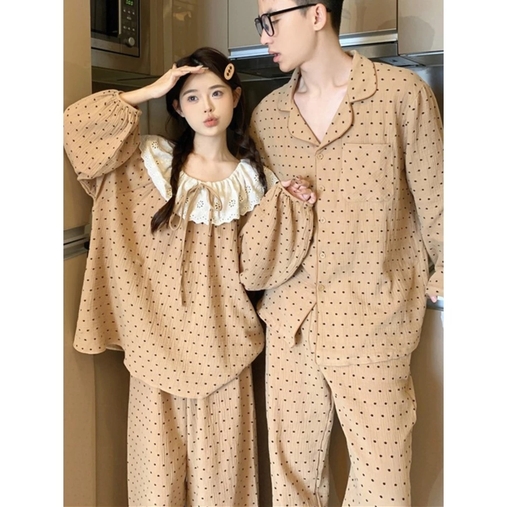 651_Bộ ngủ nam nữ, pijama đôi dài tay muslin hoạ tiết chấm bi vàng nâu | Hàng QCCC | 9scat