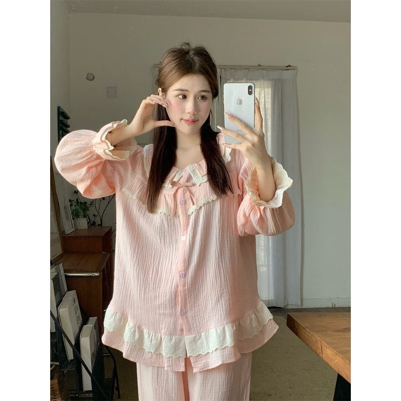 114_ Bộ ngủ nữ, bộ pijama màu hồng pastel chất muslin dài tay | Hàng QCCC | 9scat