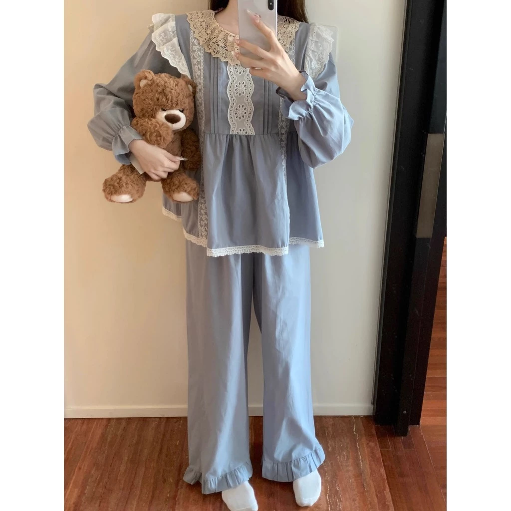 [SẴN] 636_ Bộ ngủ nữ, pijama dài tay dáng babydoll chất cotton màu xanh pastel | 9scat | Hàng QCCC