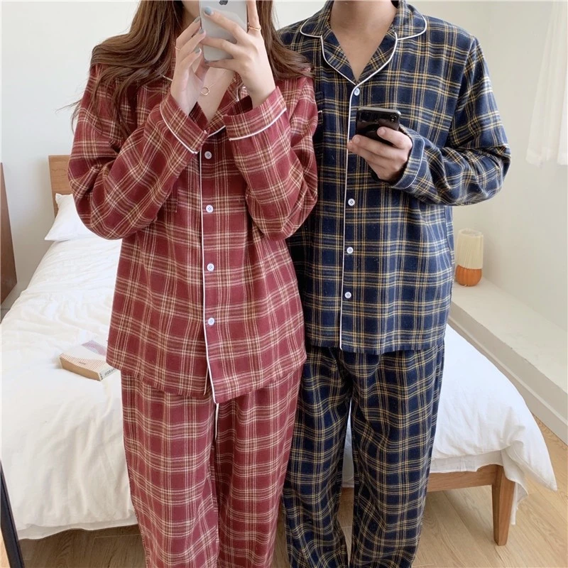 [SẴN] 63_Bộ ngủ đôi, pijama nam nữ dài tay chất cotton kẻ caro xanh đỏ | Hàng QCCC | 9scat