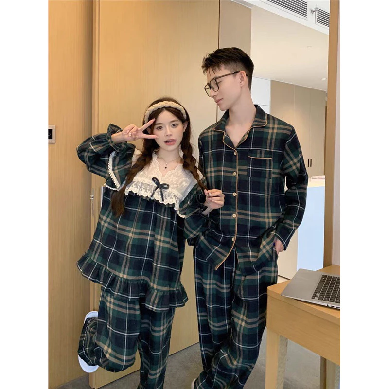 515_Bộ ngủ nam nữ, pijama đôi dài tay chất cotton dạ hoạ tiết kẻ caro xanh basic | Hàng QCCC | 9scat