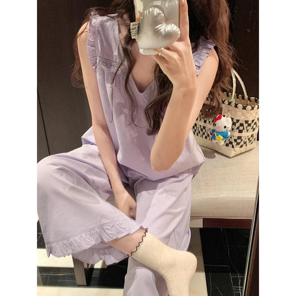 [SẴN] 272_Bộ ngủ pijama nữ áo ba lỗ quần ngắn dài chất cotton mịn màu tím đen pastel | Hàng QCCC | 9scat