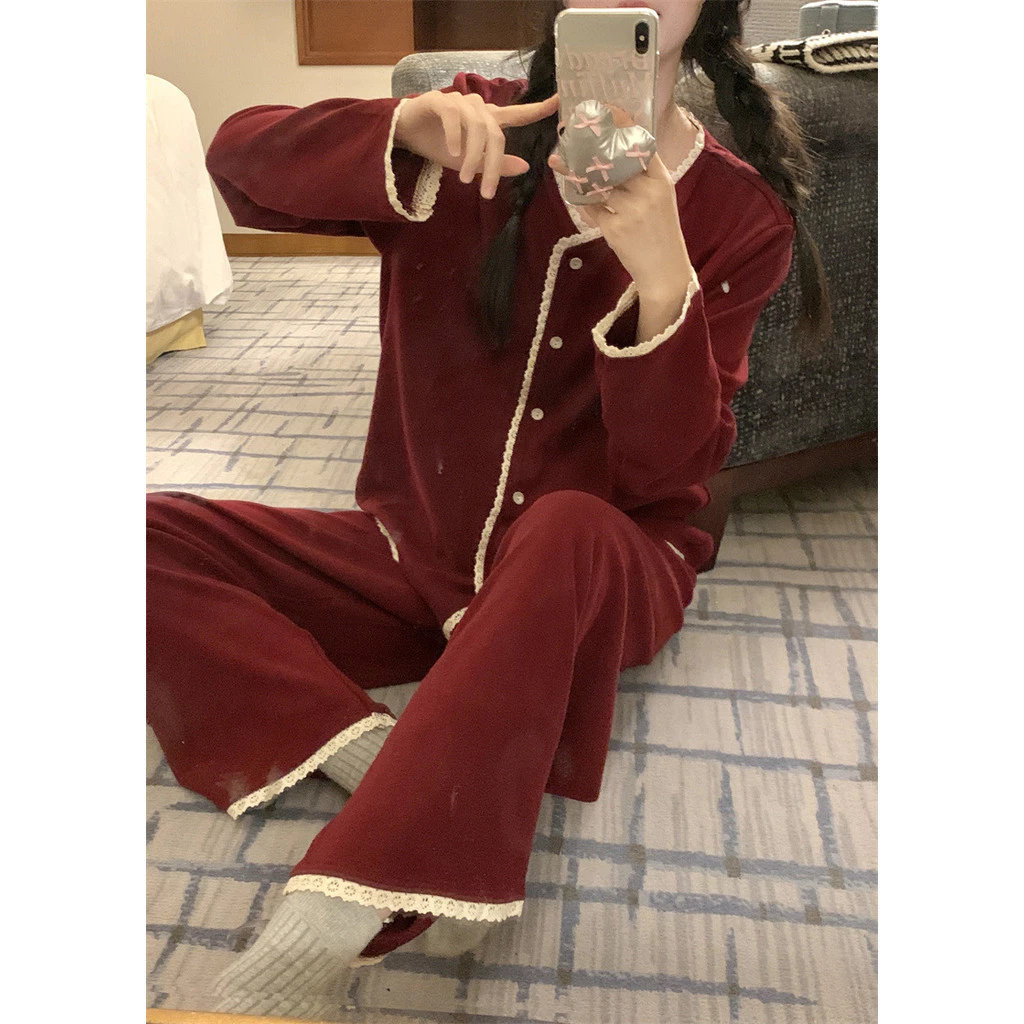 [SẴN] 625_Bộ ngủ nữ, pijama dài tay màu đỏ burgundy xám be chất cotton dạ | Hàng QCCC | 9scat