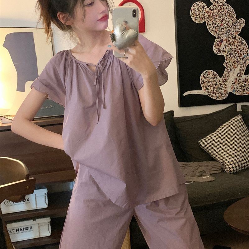 [SẴN] 497_ Váy ngủ nữ, pijama áo ngắn quần dài màu tím pastel chất cotton | Hàng QCCC | 9scat