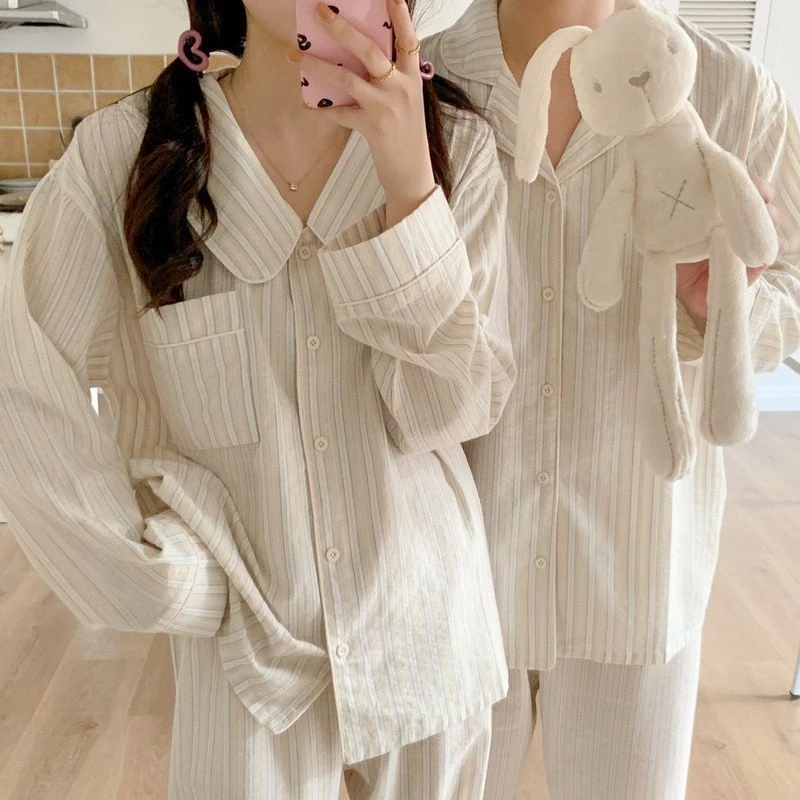 60_Bộ ngủ đôi dài tay, pijama đôi chất cotton kẻ sọc basic | Hàng QCCC | 9scat