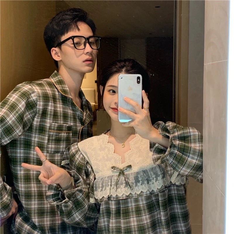 【SẴN】 31_ Bộ đồ ngủ nam nữ, pijama đôi kẻ caro phối ren tiểu thư công chúa  Hàn Quốc | Hàng QCCC | 9scat