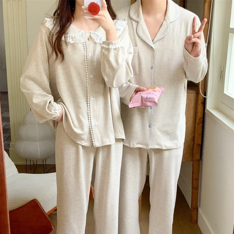 616_Bộ ngủ nam nữ, pijama đôi dài tay màu be chất cotton    | 9scat | Hàng QCCC