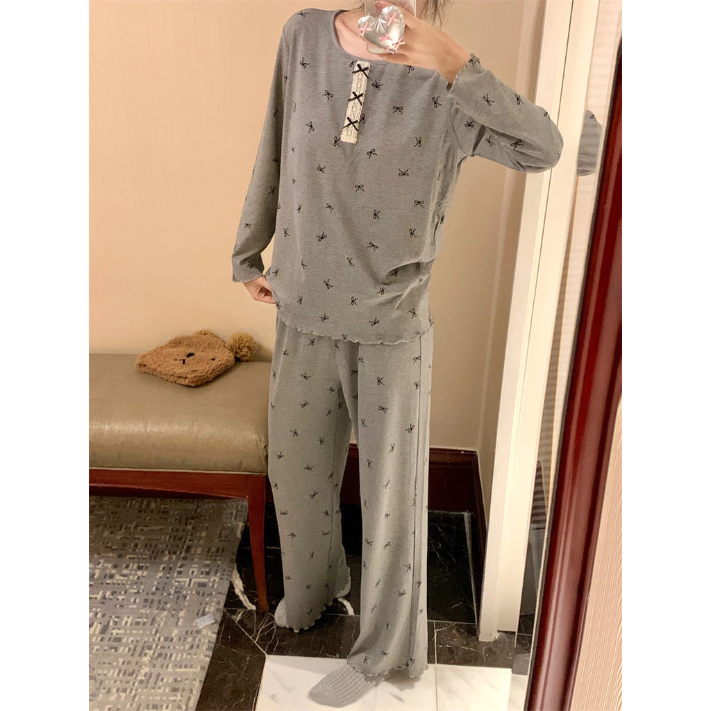 [SẴN] 494_ Bộ ngủ nữ, pijama dài hoạ tiết nơ xám chất cotton thun | Hàng QCCC | 9scat