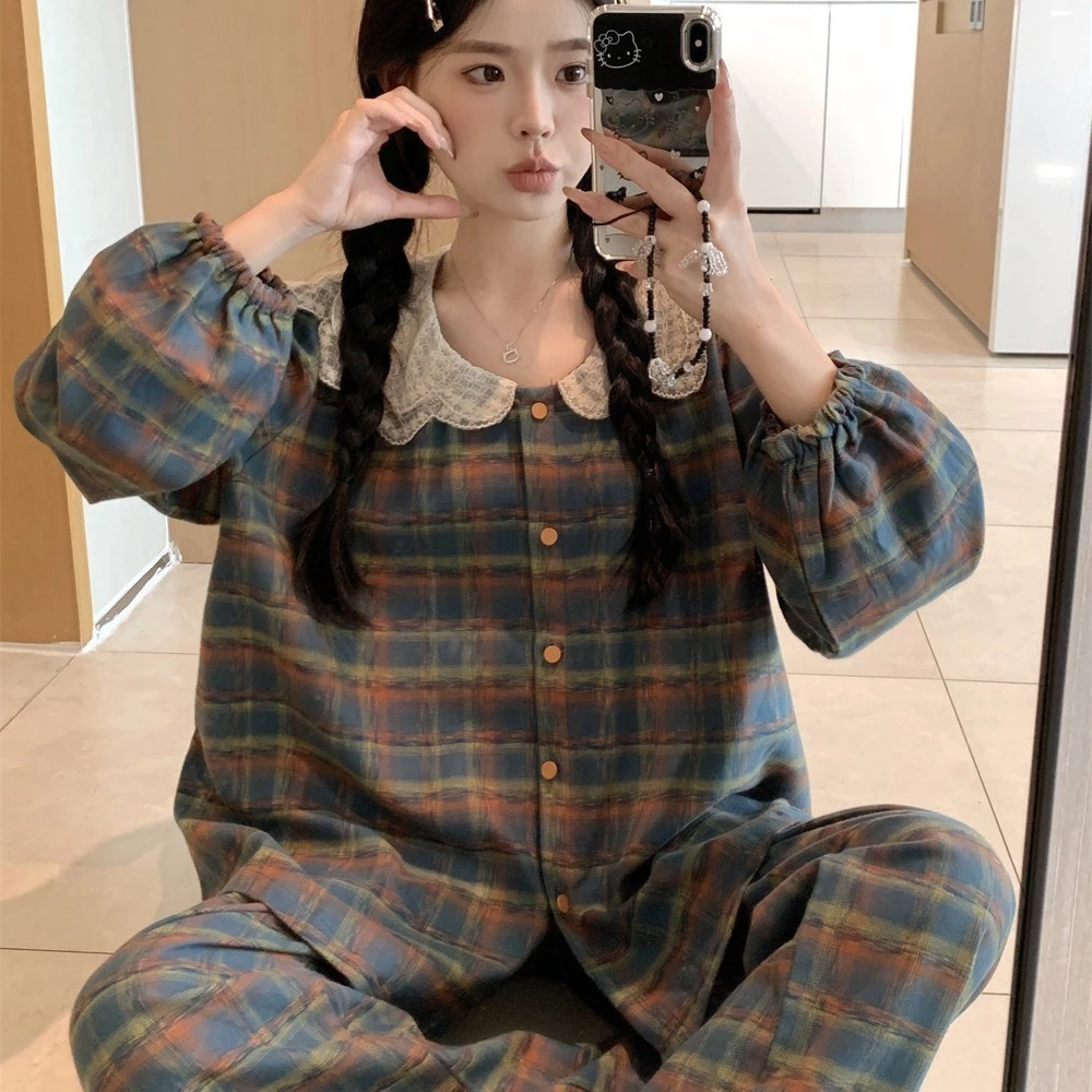 [SẴN] 583_Bộ ngủ nữ, pijama dài tay chất cotton hoạ tiết kẻ caro xanh | 9scat | Hàng QCCC