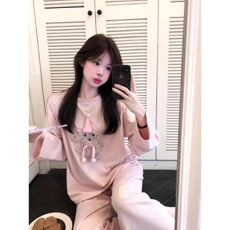 [SẴN] 665_ Bộ ngủ, pijama nữ dài tay chất cotton thun kẻ ngang trắng hồng | 9scat | Hàng QCCC