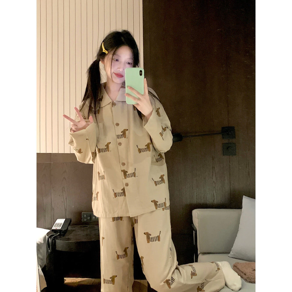 486_Bộ ngủ nữ, pijama dài tay hoạ tiết màu nâu sữa chất cotton | Hàng QCCC | 9scat