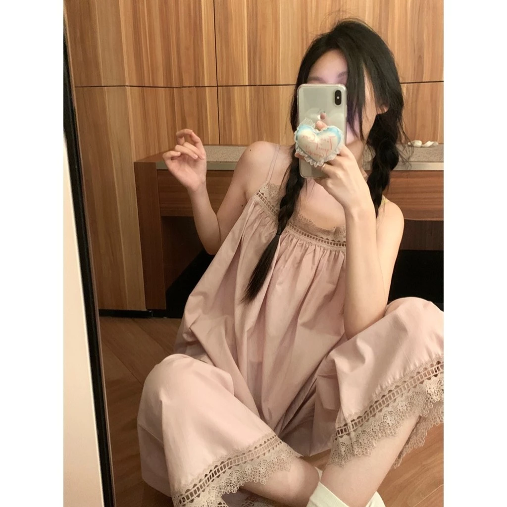 301_Bộ ngủ, pijama nữ 2 dây quần dài cổ ren chất cotton mềm | Hàng quảng châu  | 9scat