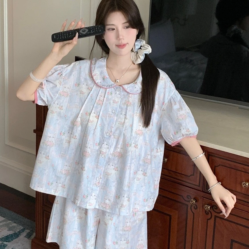[SẴN] 720_Bộ ngủ nữ, pijama ngắn tay cổ sen chất cotton hoạ tiết mèo | Hàng QCCC | 9scat