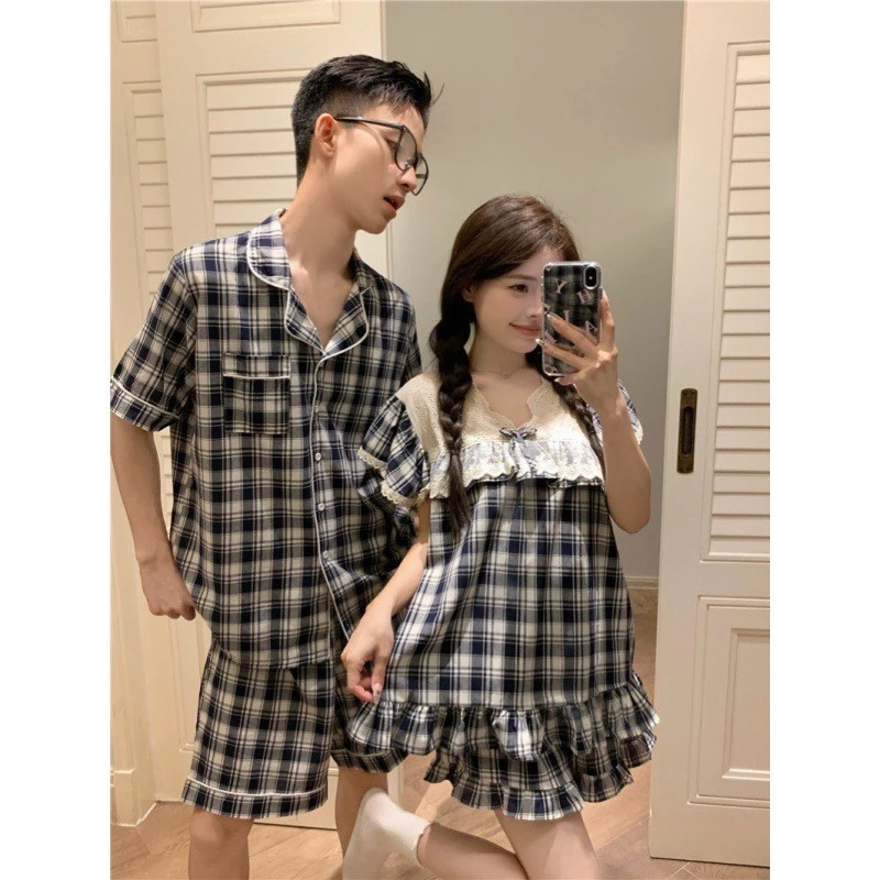 697_Bộ ngủ nam nữ, pijama  đôi ngắn tay hoạ tiết kẻ caro đen chất cotton | Hàng QCCC | 9scat