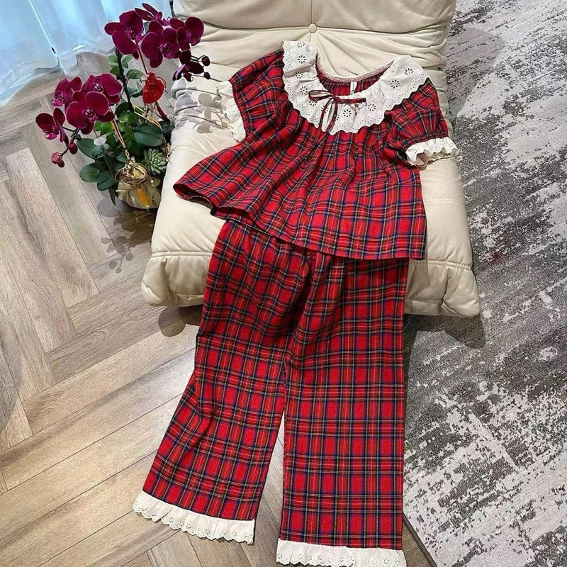 [SẴN] 657_Bộ ngủ nữ, pijama cổ bèo kẻ caro đỏ Giáng Sinh Noel chất cotton | 9scat | Hàng QCCC