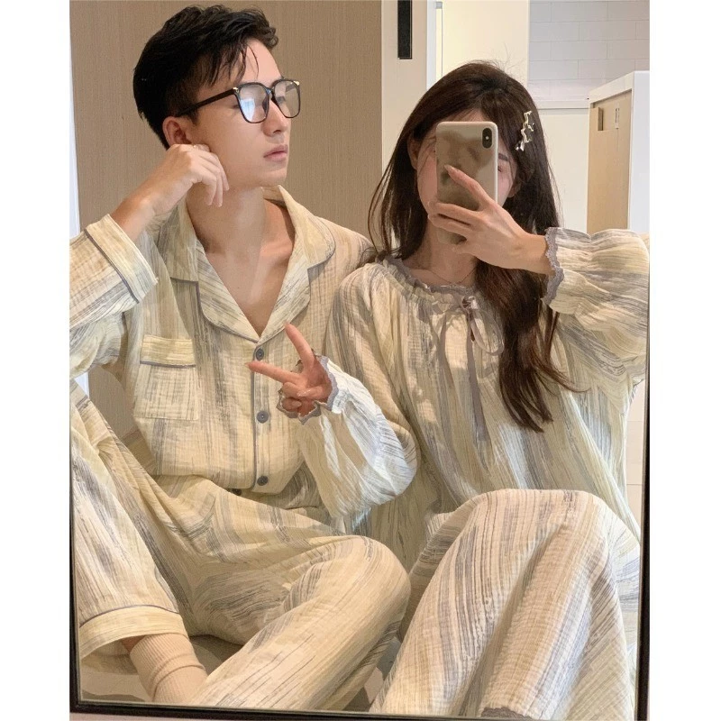 81_ Bộ ngủ đôi, pijama nam nữ dáng dài chất muslin | Hàng QCCC | 9scat