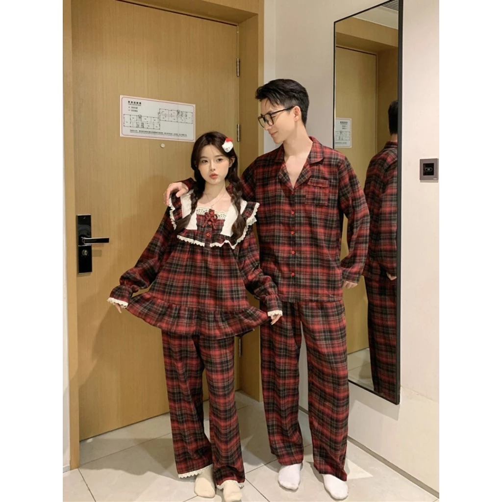 [SẴN] 643_Bộ ngủ nam nữ, pijama đôi dài tay hoạ tiết kẻ caro đỏ Giáng Sinh Noel chất cotton   | 9scat | Hàng QCCC