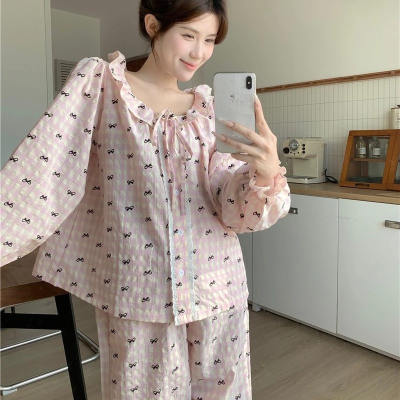 507_Bộ ngủ nữ, pijama dài tay hoạ tiết nơ đen màu xanh hồng Cao Cấp | Hàng QCCC | 9scat