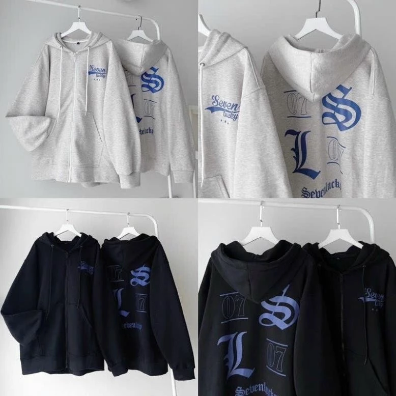 Áo Khoác Hoodie Zip có khóa kéo nỉ bông dày dặn 7 LUCKY Có Nón 2 Màu Form Rộng Nam Nữ_F.S.Shop68