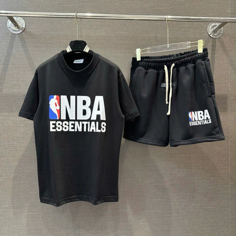 Bộ Đồ Nam Cộc Tay Mặc Hè PB Cotton In Logo NBA Chữ Essentials In Cao Cấp Trước ngực phối logo Hàng Quảng Châu