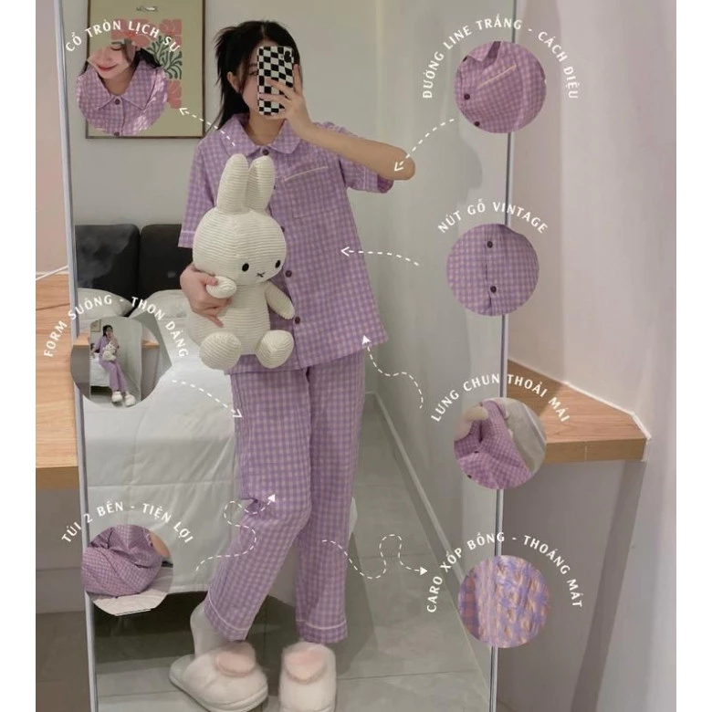 Bộ mặc nhà,Bộ PIZAMA, Bộ Ngủ Kẻ Trơn Cộc Tay Quần Dài Dáng Rộng Siêu Xinh,Siêu Đẹp,Bộ Ngủ Dáng Rộng Siêu Quấn Hút