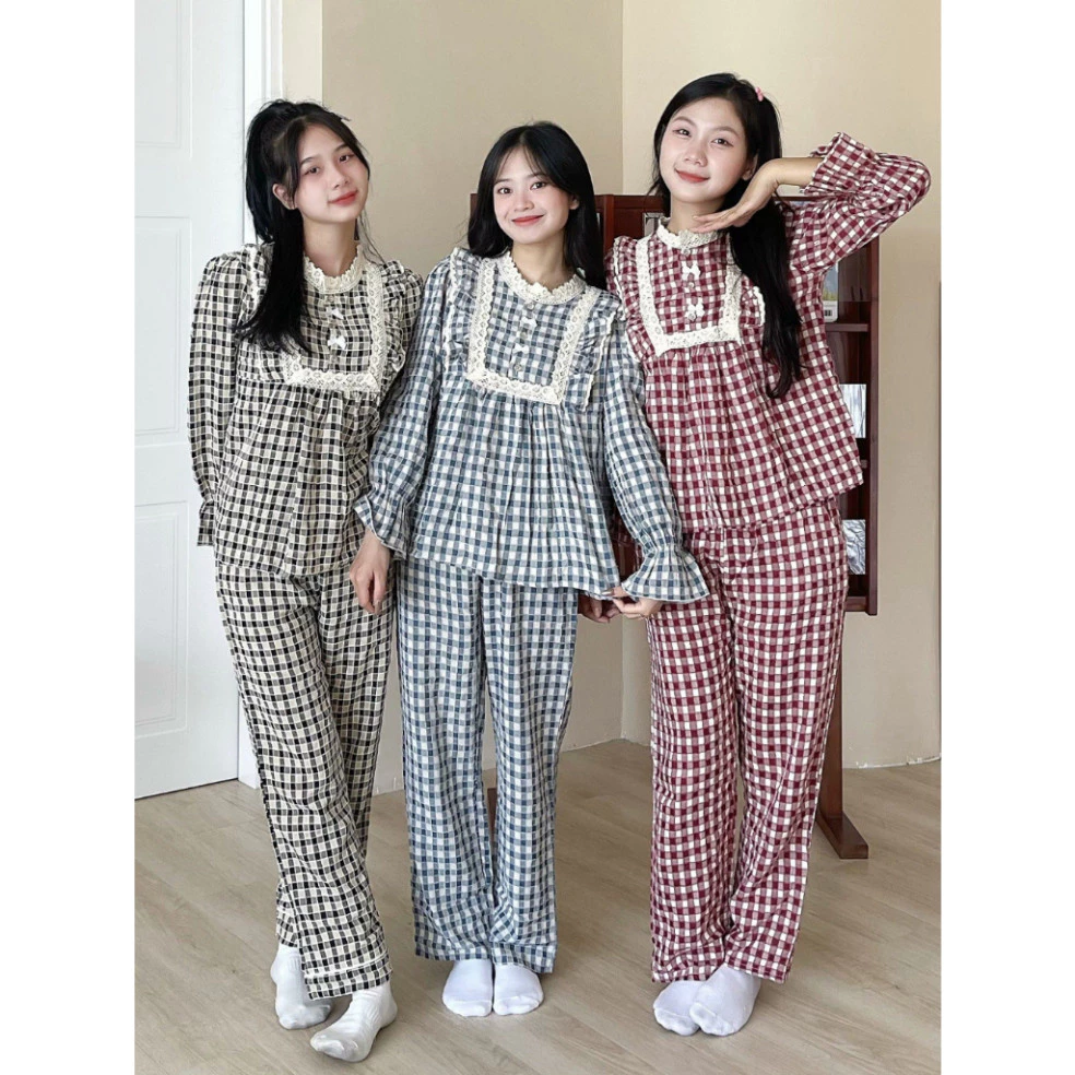 Bộ Ngủ Pijama Nữ, Bộ Ngủ Kẻ Tay Dài Tiểu Thư Ren Ngực Kẻ Caro Tay Dài Kèm Quần Suông Ống Rộng,Chất Vải Đũi Xốp Ren Ngực