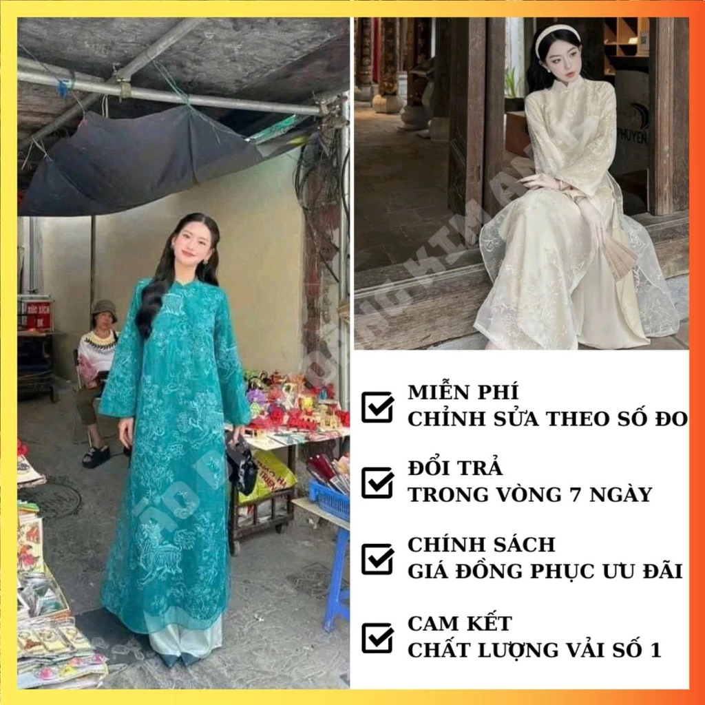 Áo dài cách tân 4 tà nữ tay dài thêu kỳ lân duyên dáng, Áo dài truyền thống nữáo dài trơn phi bóng, áo dài lụa thêu hoae