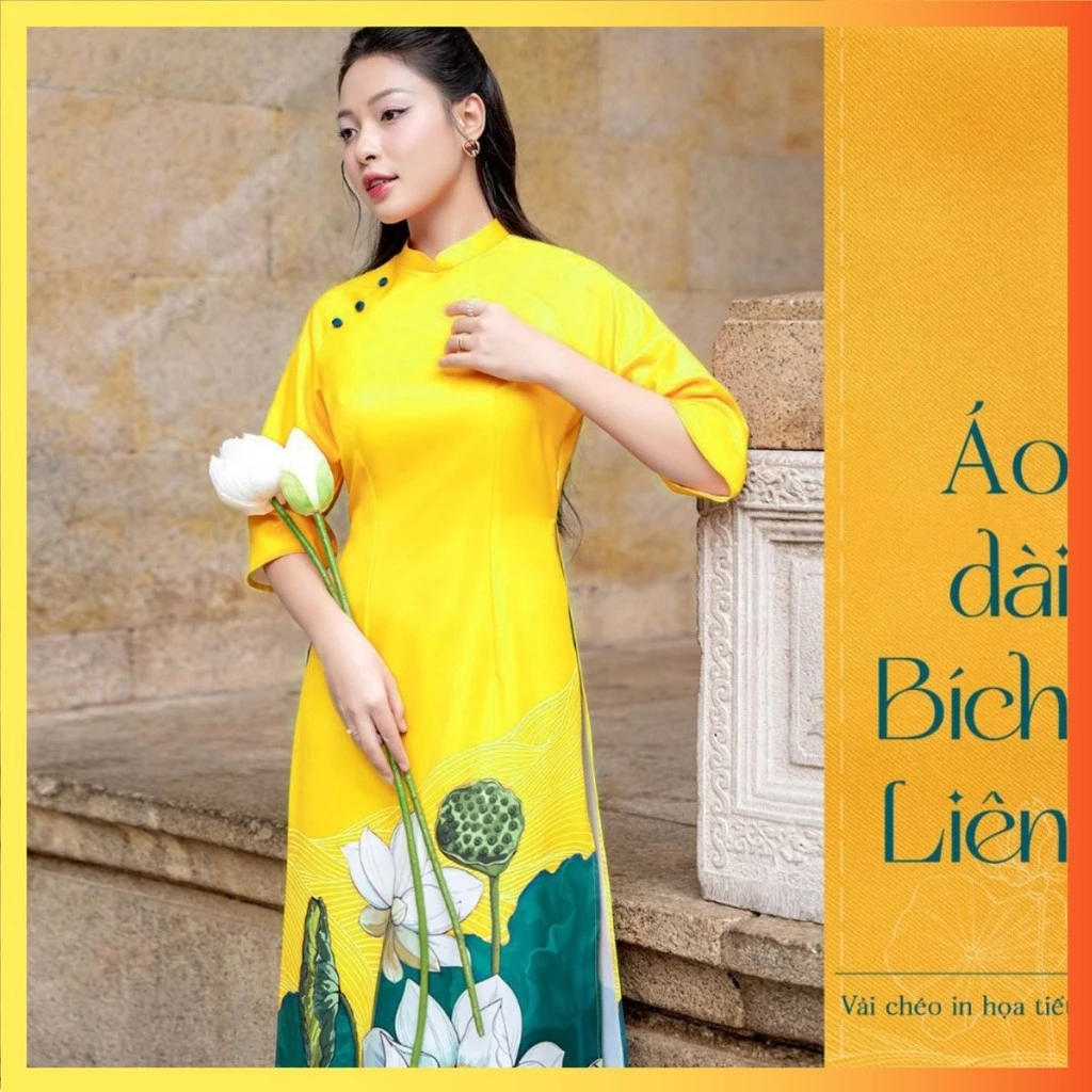 Áo dài cách tân mặc tết in hoa sen duyên dáng việt nam 2025, Áo dài truyền thống nữ lụa Bích Liên, áo dài đẹp