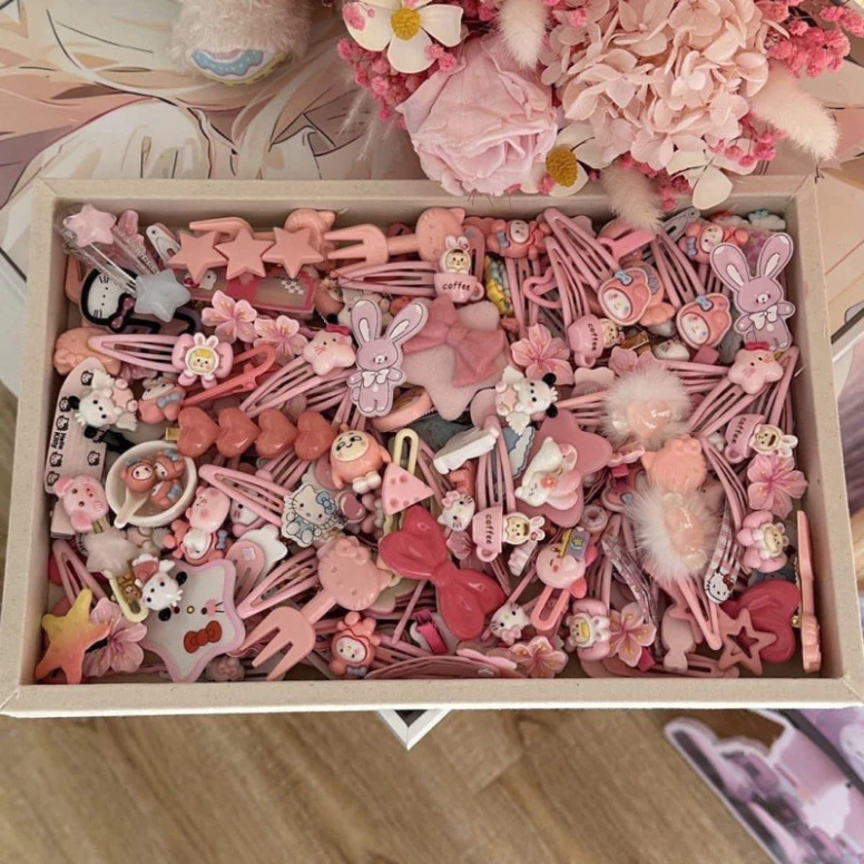 Set 50 kẹp tóc màu hồng,Màu xanh cho bé gái  phong cách hàn quốc - Combo,Vỉ 50 kẹp tóc kuromi,Hello Kitty,Capybara kute