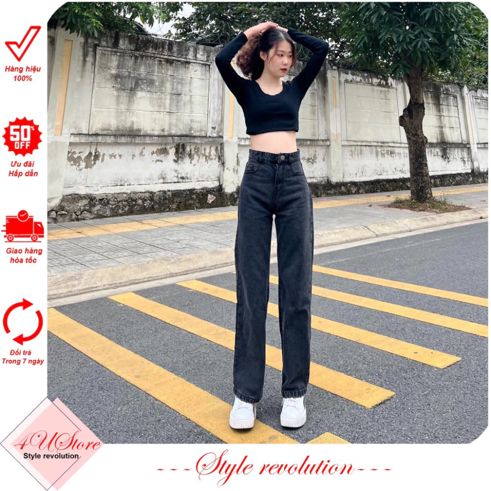 Quần JEAN nữ ống rộng, Quần BÒ nữ ống suông Đen Tuyền, kiểu baggy ống đứng JeanVN ảnh thật