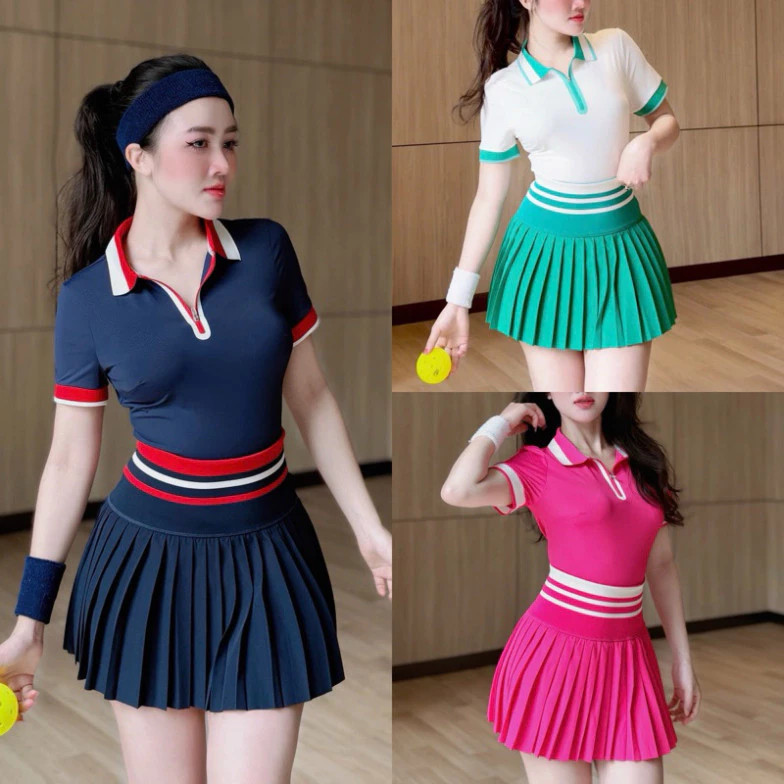 Sét Áo Cộc Tay Kéo Khoá Phối Chân Váy Xếp Ly Cosleaf,Sét Tập Gym,Tennis,Pickleball,Chất Polly Hàng Qccc
