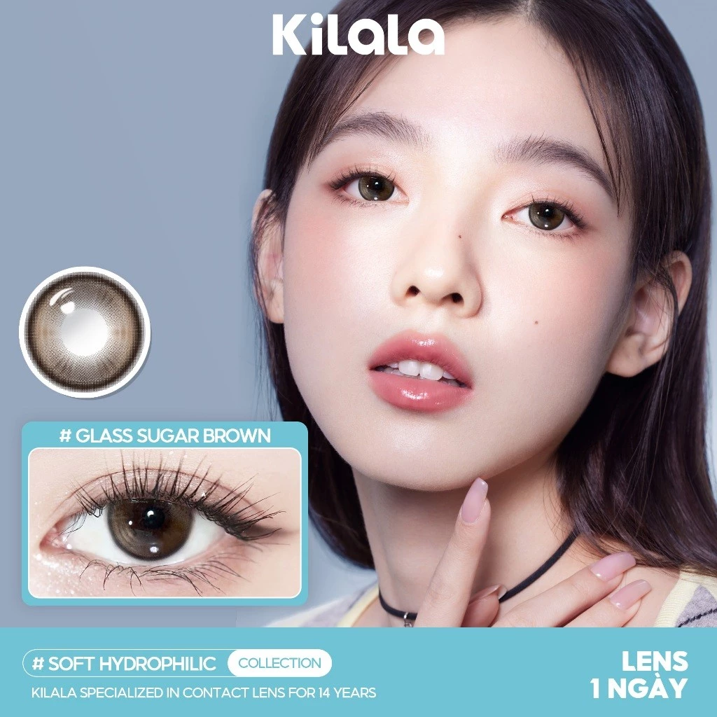 Kính áp tròng Kilala màu nâu Glass Sugar Brown lens cận 1 ngày DIA 14.2mm có độ (0-8) 10 chiếc & 2 chiếc