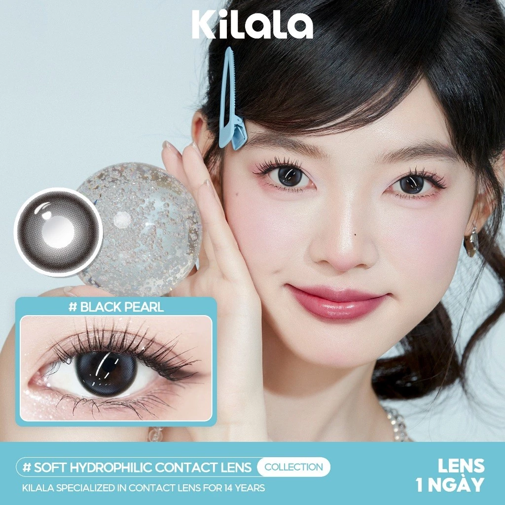 Kính áp tròng Kilala màu đen Black Pearl lens cận 1 ngày DIA 14.2mm có độ (0-8) 2 chiếc & 10 chiếc