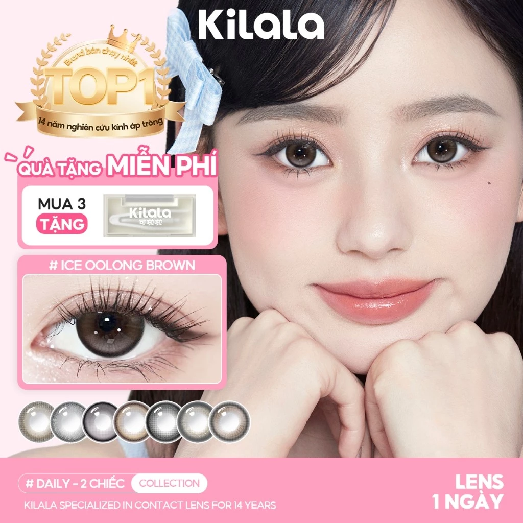 Kính áp tròng Kilala lens 1 ngày màu xám DIA 14.0mm 14.2mm 14.5mm và màu xám Ice Oolong Brown,Ice Peach Grey,Felinae Grey,Top Heroine Purple lens cận 1 ngày có độ (0-7) 2 chiếc
