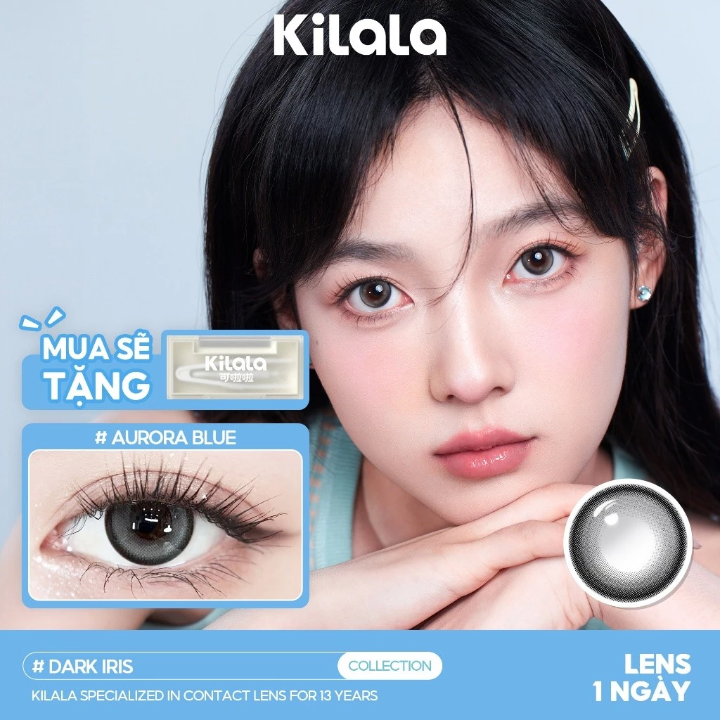 10 chiếc Kính áp tròng Kilala màu lam Aurora Blue lens cận 1 ngày DIA 14.2mm có độ (0-8)