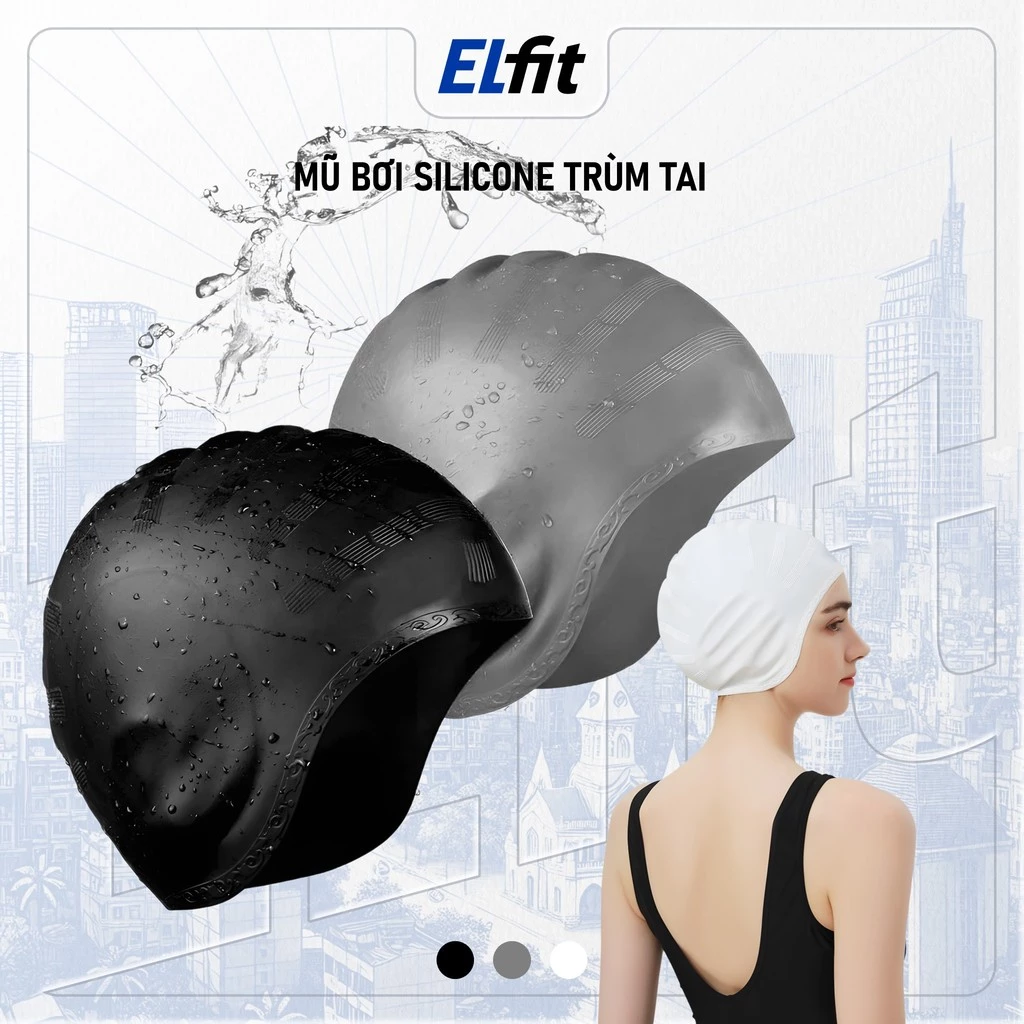 Mũ Bơi Nam Nữ Silicone Dùng Được Cho Người Lớn - Bịt Tai - Chùm Búi Tóc - Ngăn Nước - MuBoi-TrumToc