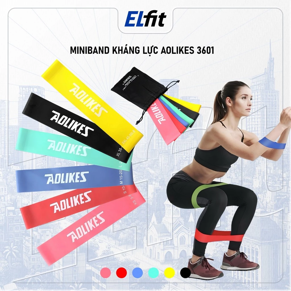 Dây Mini Band Cao Su Kháng Lực Aolikes A-3601 - Dây Miniband Tập Mông Đùi, Bộ 6 Dây Tặng Kèm Túi - AL3601