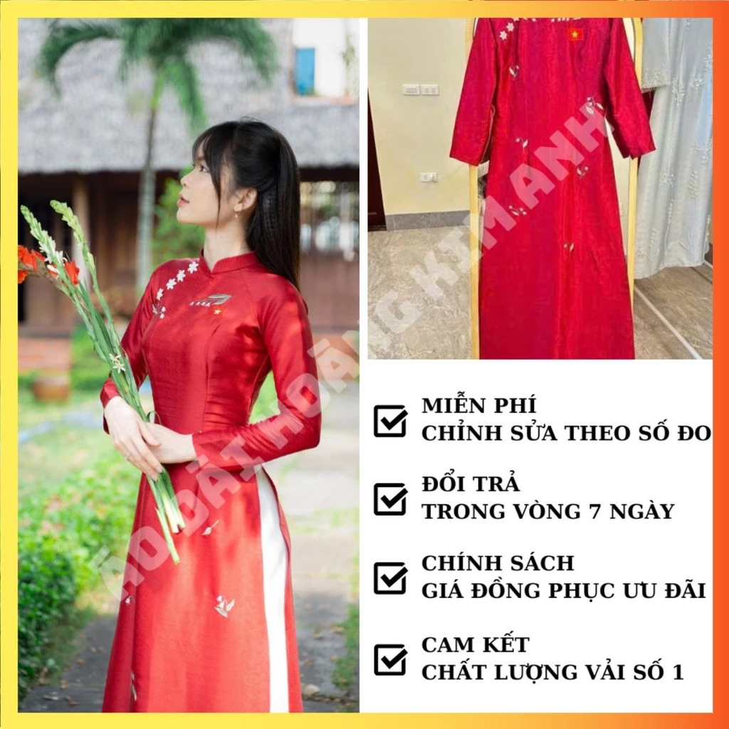 Áo dài trơn nữ lụa gấm vân thêu hoa đính cờ đỏ sao vàng truyền thống cao cấp co giãn 2 tà may sẵn màu Đỏ